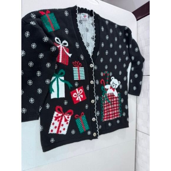 VINTAGE"NUTCRACKER" Teddy Bear,Button Up, Cardigan Sweater, Grandma,Classic,Ugly - Picture 9 of 10